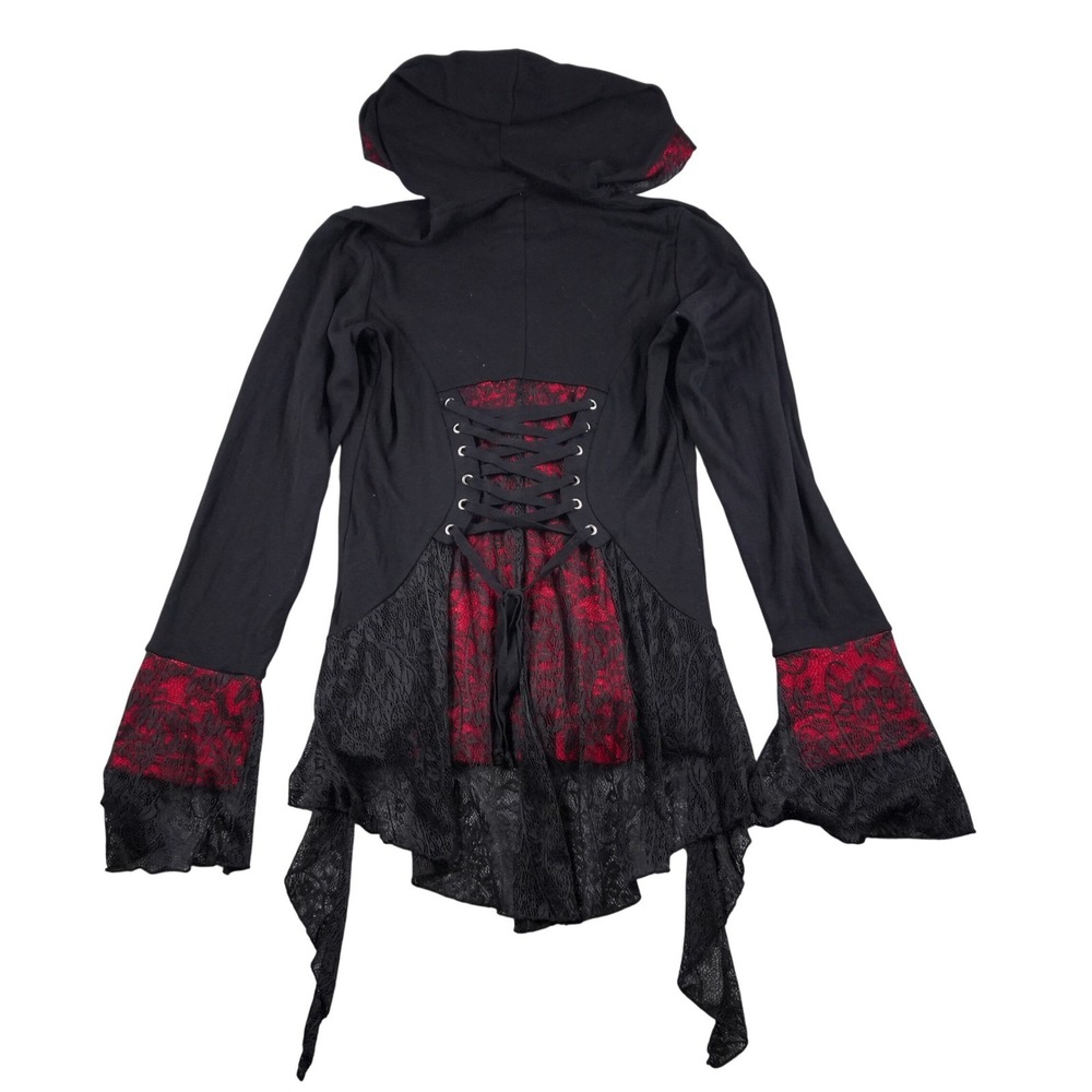 Y2K Lace Corset Hoodie Tripp NYC Sweater Black Red Jacket Womens M Goth Punk